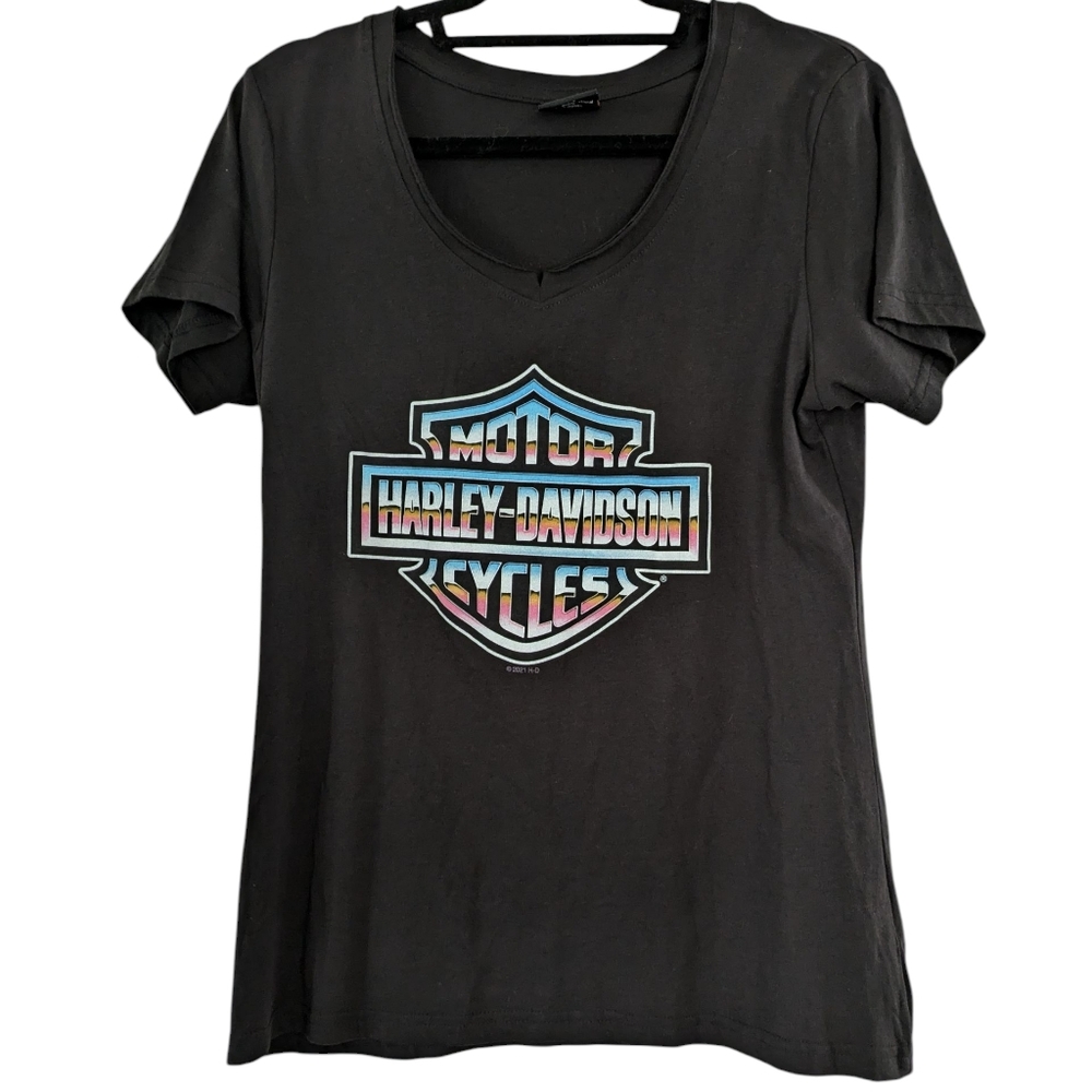 Harley Davidson‎ Women’s Size M Short Sleeve V-Neck T shirt Black Macon Georgia
